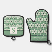 ホワイトポインセティアオングリーンモノグラムのフローラ 鍋つかみ&鍋敷きセット (正面)