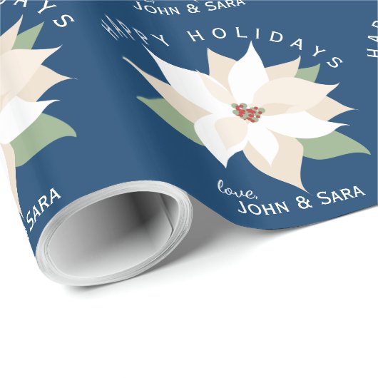 ホワイトポインセティアスオンダークブルーハッピーホリデーズ ラッピングペーパー (ロールコーナー)