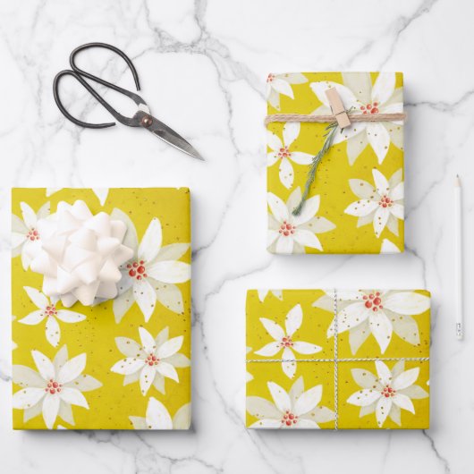 ホワイトポインセティアスレッドアクセント明るいゴールデンイエロー ラッピングペーパーシート (正面)