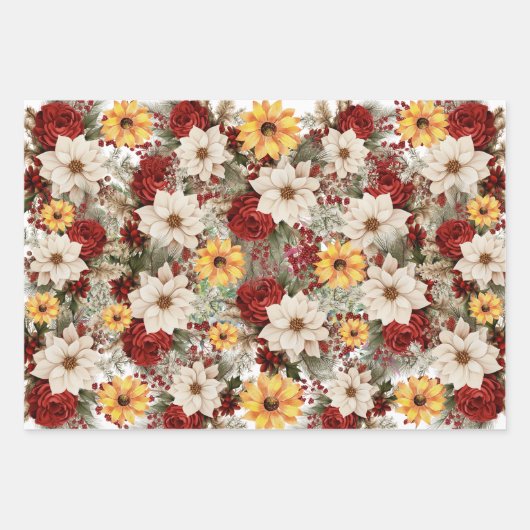 ホワイトポインセティアス&サンフラワークリスマス ラッピングペーパーシート (正面2)