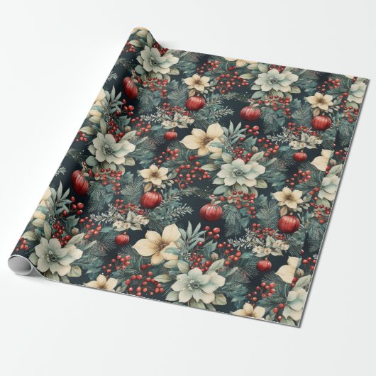 ホワイトポインセティアホリデイ ラッピングペーパー (アンロールド)