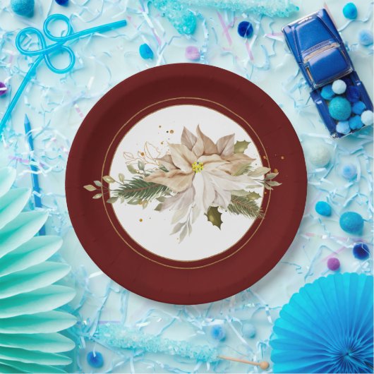 ホワイトポインセテフェイクィアと金ゴールドグリッター葉の ペーパープレート (パーティー)