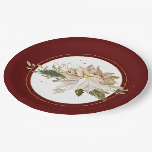 ホワイトポインセテフェイクィアと金ゴールドグリッター葉の ペーパープレート (アングル)