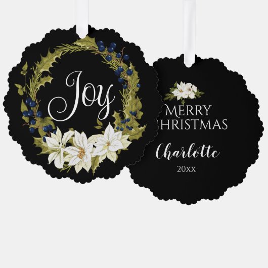 ホワイトポパーソナライズされたイントセッティアクリスマスリース オーナメントカード (正面/裏面)