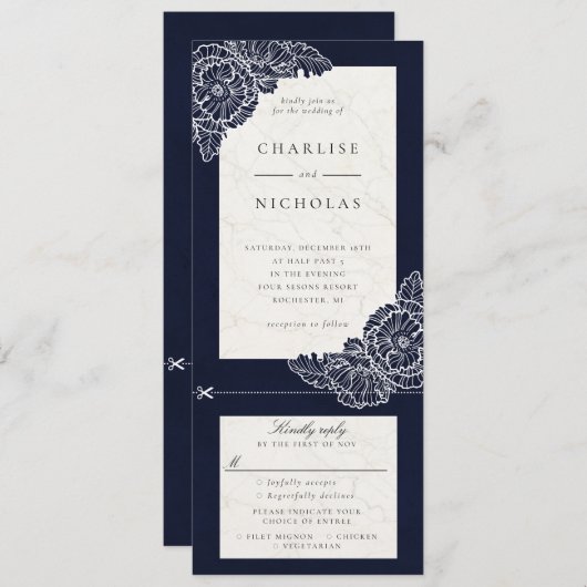 ホワイトポピー海軍フローラ結婚式招待状rsvp 招待状 (正面/裏面)