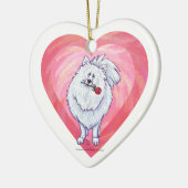 ホワイトポメラニアン バレンタインデー セラミックオーナメント (左)