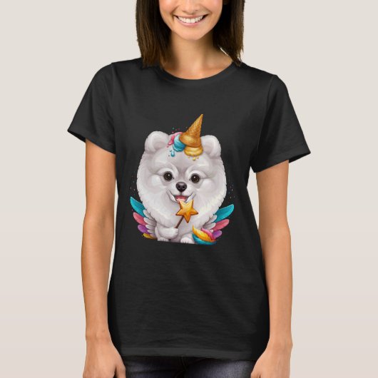 ホワイトポメラニア犬アイスクリームユニコーン Tシャツ (正面)