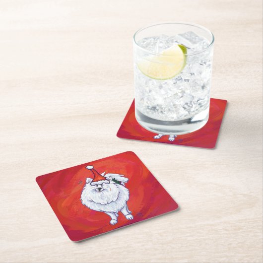 ホワイトポメラニア犬インサンタハットオンレッド スクエアペーパーコースター (インサイチュ)