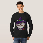 ホワイトポメラニア犬ウィッチハロウィーン Tシャツ (正面フル)