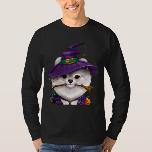 ホワイトポメラニア犬ウィッチハロウィーン Tシャツ (正面)