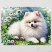 ホワイトポメラニア犬ウォーターカラークローバースクラップブック紙 (正面/裏面)