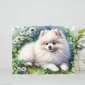 ホワイトポメラニア犬ウォーターカラークローバースクラップブック紙 (スタンド正面)