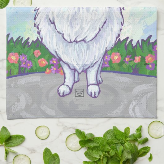 ホワイトポメラニア犬ギフト&アクセサリー キッチンタオル (折り畳み)