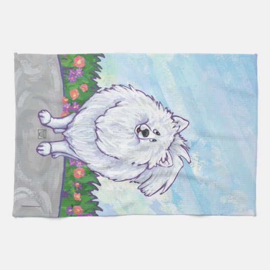 ホワイトポメラニア犬ギフト&アクセサリー キッチンタオル (横)