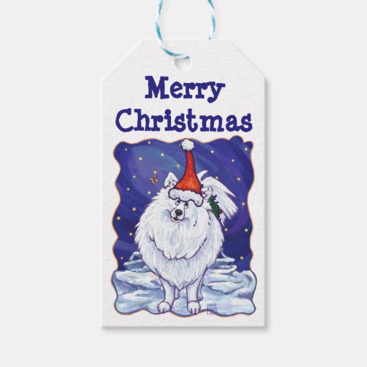 ホワイトポメラニア犬クリスマスギフトタグ ギフトタグ (正面)