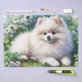 ホワイトポメラニア犬ドッグウォーターカラークローバーデコップページ 薄葉紙 (クラフト)