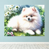 ホワイトポメラニア犬ドッグウォーターカラークローバーフィールド キャンバスプリント (インサイチュ (ウッドフロア))