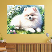 ホワイトポメラニア犬ドッグウォーターカラークローバーフィールド キャンバスプリント (インサイチュ (リビング))