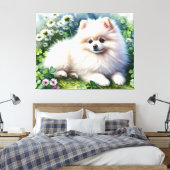 ホワイトポメラニア犬ドッグウォーターカラークローバーフィールド キャンバスプリント (インサイチュ (寝室))