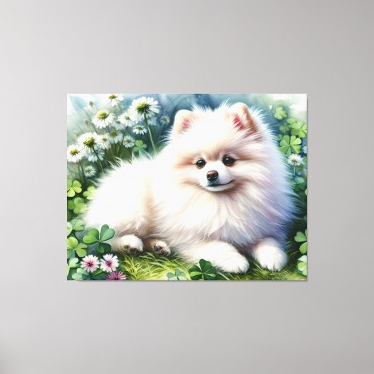 ホワイトポメラニア犬ドッグウォーターカラークローバーフィールド キャンバスプリント (正面)