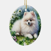 ホワイトポメラニア犬ドッグウォーターカラークローバーフィールド セラミックオーナメント (右)