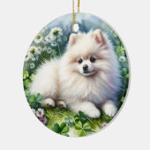 ホワイトポメラニア犬ドッグウォーターカラークローバーフィールド セラミックオーナメント (左)