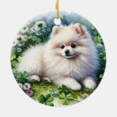 ホワイトポメラニア犬ドッグウォーターカラークローバーフィールド セラミックオーナメント (裏面)