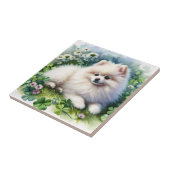 ホワイトポメラニア犬ドッグウォーターカラークローバーフィールド タイル (側面)