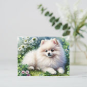 ホワイトポメラニア犬ドッグウォーターカラークローバーフィールド ポストカード (スタンド正面)