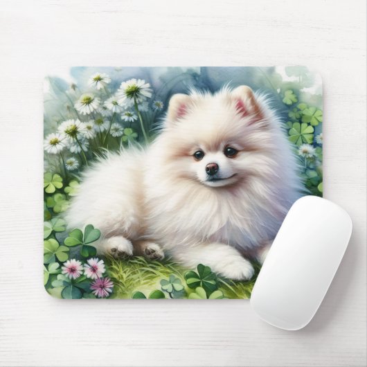 ホワイトポメラニア犬ドッグウォーターカラークローバーフィールド マウスパッド (マウス)