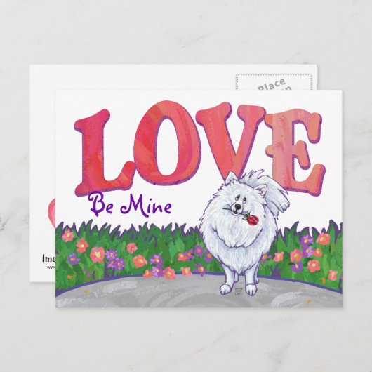 ホワイトポメラニア犬バレンタインデー シーズンポストカード (正面/裏面)