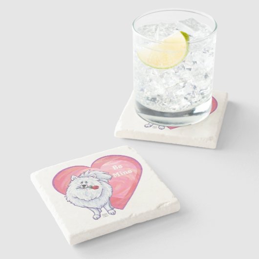 ホワイトポメラニア犬バレンタインデー ストーンコースター (横)