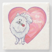 ホワイトポメラニア犬バレンタインデー ストーンコースター (正面)