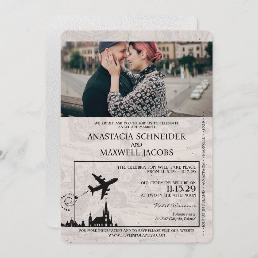 ホワイトポーランドパスポート結婚式招待状 招待状 (正面/裏面)
