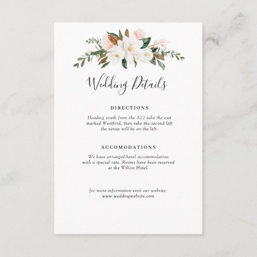 ホワイトマグノリアとピンクフローラ結婚の詳細カード エンクロージャーカード (正面)