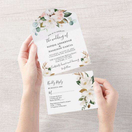 ホワイトマグノリアと赤面ピンク金ゴールド結婚フローラ オールインワン招待状 (貼ってはがせる)