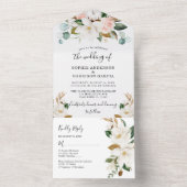 ホワイトマグノリアと赤面ピンク金ゴールド結婚フローラ オールインワン招待状 (内側)