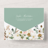 ホワイトマグノリアと赤面ピンク金ゴールド結婚フローラ オールインワン招待状 (裏面)