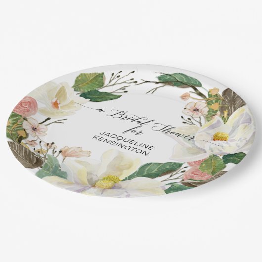 ホワイトマグノリアウォーターカラー赤面フローラ ペーパープレート (アングル)