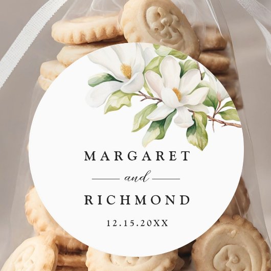ホワイトマグノリアエレガントウオーターカラーフローラ結婚ズ ラウンドシール