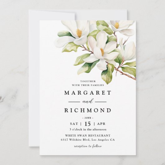 ホワイトマグノリアエレガントウオーターカラーフローラ結婚ズ 招待状 (正面)