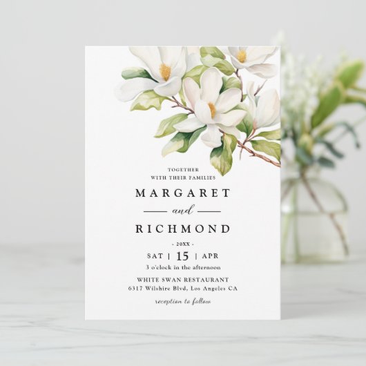 ホワイトマグノリアエレガントウオーターカラーフローラ結婚ズ 招待状 (スタンド正面)