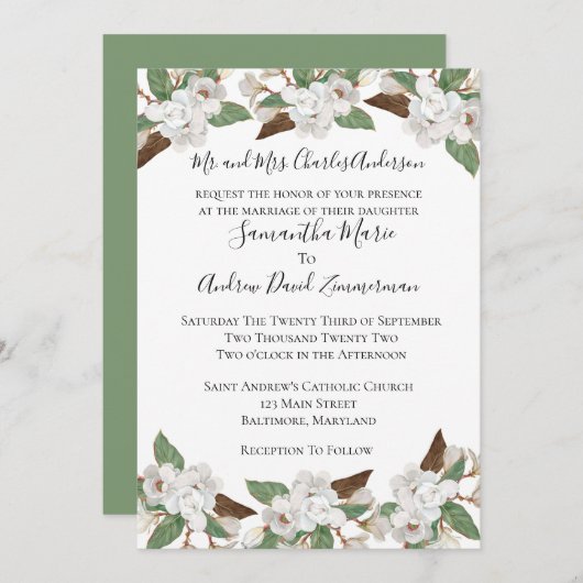 ホワイトマグノリアクラシックスフォーマルエレガントウェディング 招待状 (正面/裏面)