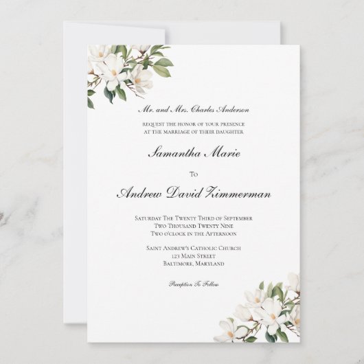 ホワイトマグノリアクラシックスフォーマルエレガントウェディング 招待状 (正面)