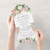 ホワイトマグノリアコットン赤面ピンク結婚フローラ オールインワン招待状 (貼ってはがせる)