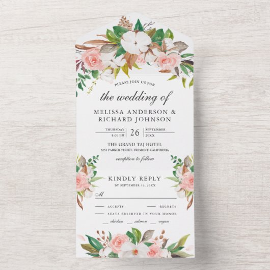 ホワイトマグノリアコットン赤面ピンク結婚フローラ オールインワン招待状 (内側)