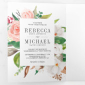 ホワイトマグノリアコットン赤面ピンク結婚フローラ 三つ折り招待状 (内部最初)