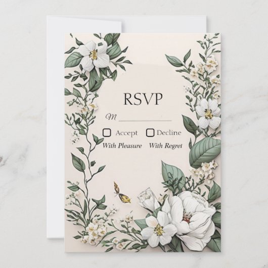 ホワイトマグノリアスとバタフライウェディングRSVPカード 招待状 (正面)