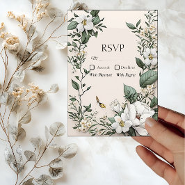 ホワイトマグノリアスとバタフライウェディングRSVPカード 招待状
