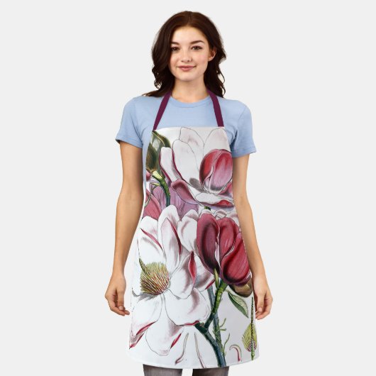 ホワイトマグノリアスフラワーヴィンテージオールドイラストレーション エプロン (着用した状態)